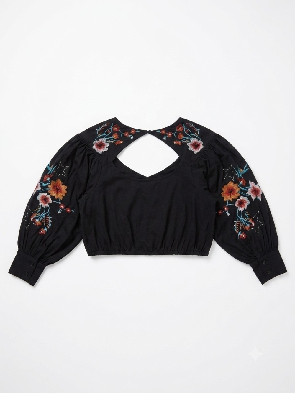 Free People Black Cropped Top Embroidered Floral Bird Detail - Picture 6 of 6